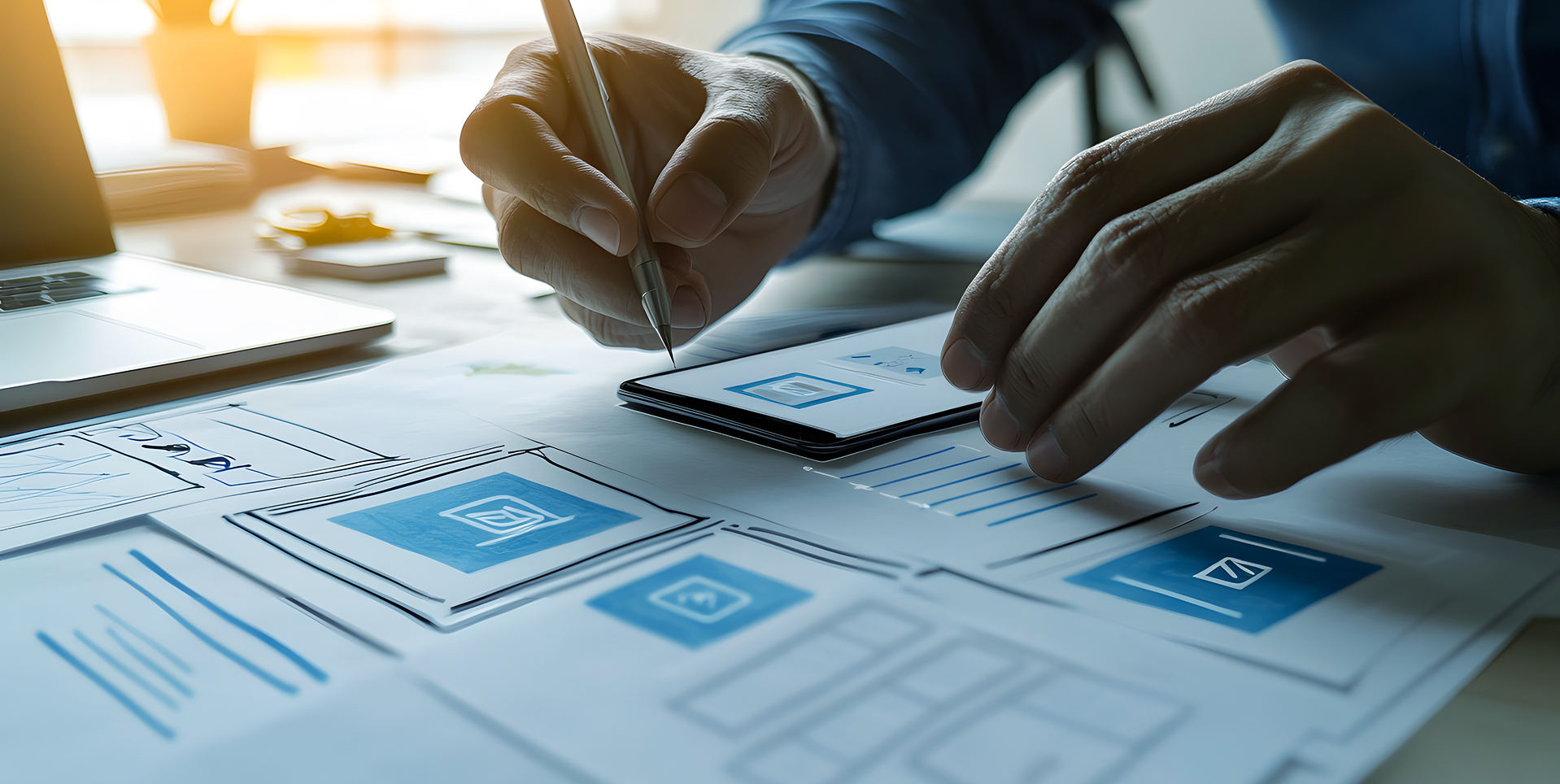 Hands drawing app wireframes on tablet